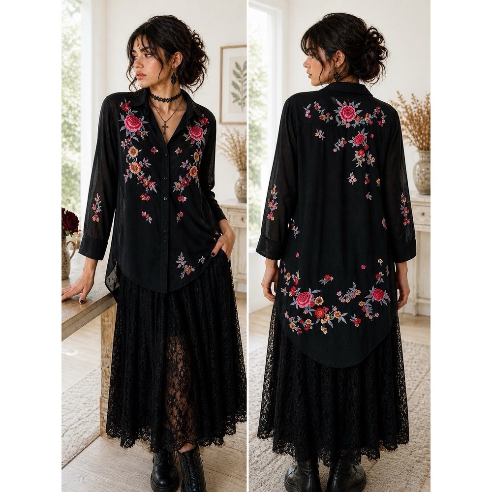 Zara Woman Premium Denim Black Floral Embroidered Roll Tab Button Down Shirt M